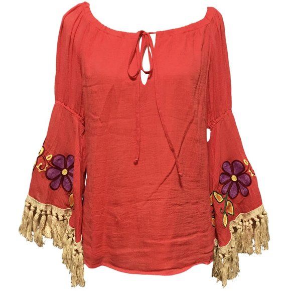 VaVa Joy Han Coral Floral Fringe Top - FUN!  Med - Picture 4 of 7